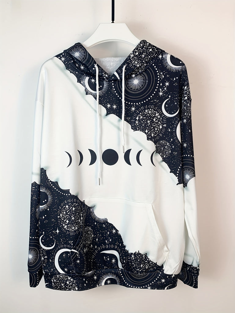 Color Block Moon & Star Print Drawstring Hoodie, Casual Long Sleeve Kangaroo Pocket Hoodie Sweatshirt, Women's Clothing