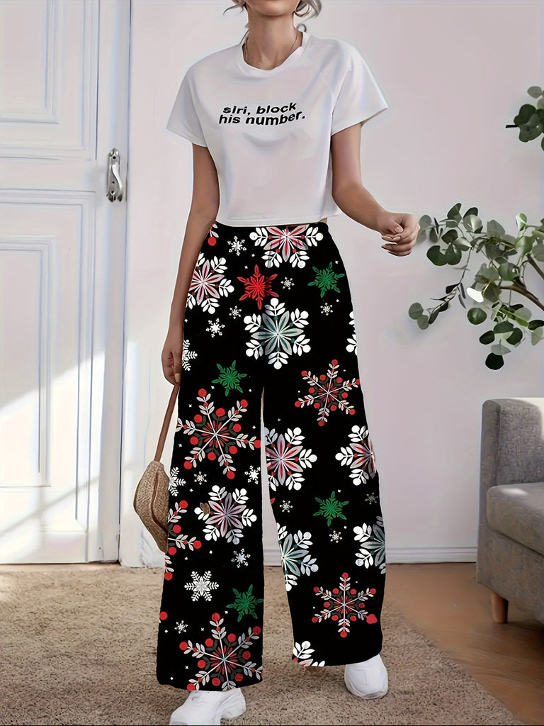 Christmas Snowflake Print Pants, Casual Pants With Pockets, Women's Clothing