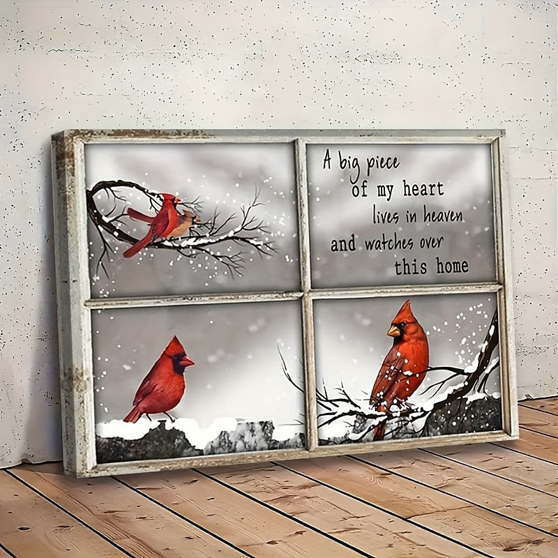 1pc Wooden Framed Canvas Painting Window View Cardinal Art Prints Wall For Bedroom Living Room Home Decor Inspirational Landscape Canvas Print Poster Picture With Framed Ready To Hang Gift For Her Him