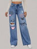 Heart Love Letter Graffiti Print Ripped Denim Pants, High Rise Washed Blue Valentine's Day Wide Leg Jeans, Women's Denim Jeans & Clothing