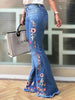 Women's Elegant Floral Embroidered Flared Jeans, High-Waisted Skinny Denim Pants with Raw Hem Detail