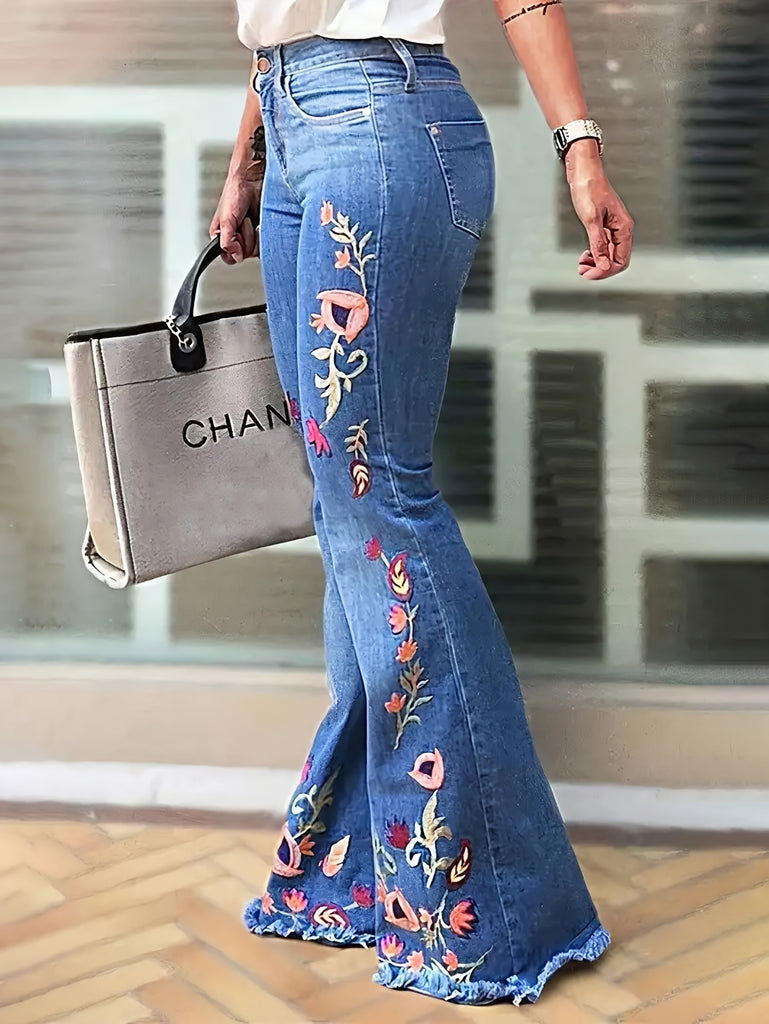 Women's Elegant Floral Embroidered Flared Jeans, High-Waisted Skinny Denim Pants with Raw Hem Detail