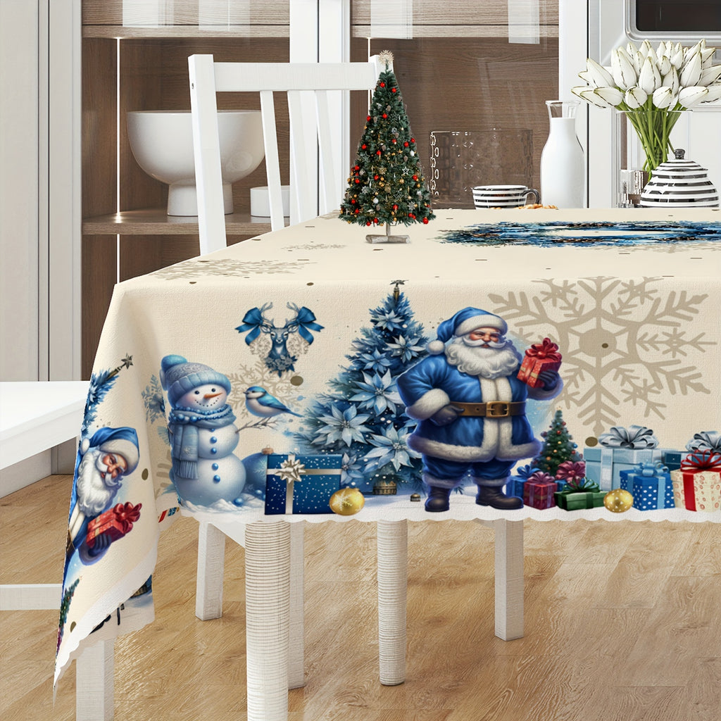 Christmas Cheer Tablecloth - Santa, Snowman & Pine Tree Design | Durable Polyester with Embossed Edge | Perfect for Dining, Balcony & Coffee Tables | Indoor/Outdoor Holiday Decor