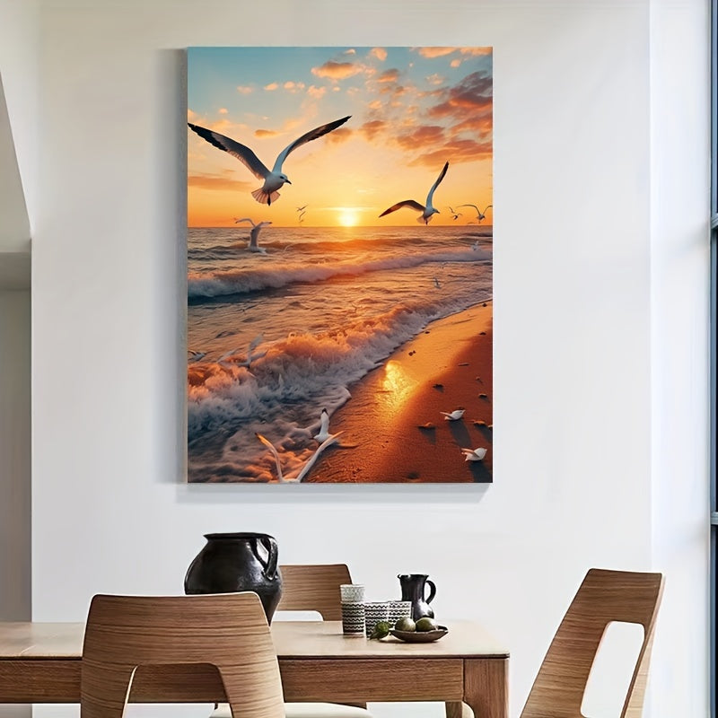 Seagull and Sunrise Beach Scene Canvas Wall Art, Landscape Themed Wrapped Canvas Print with Pine Wood Frame, Easy Install Home Decor for Bedroom & Living Room - Perfect Gift for Art Enthusiasts