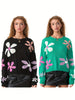 Women's Casual Floral Print Sweaters Long Sleeve Crew Neckline Drop Shoulder Loose Knit Pullover Tops