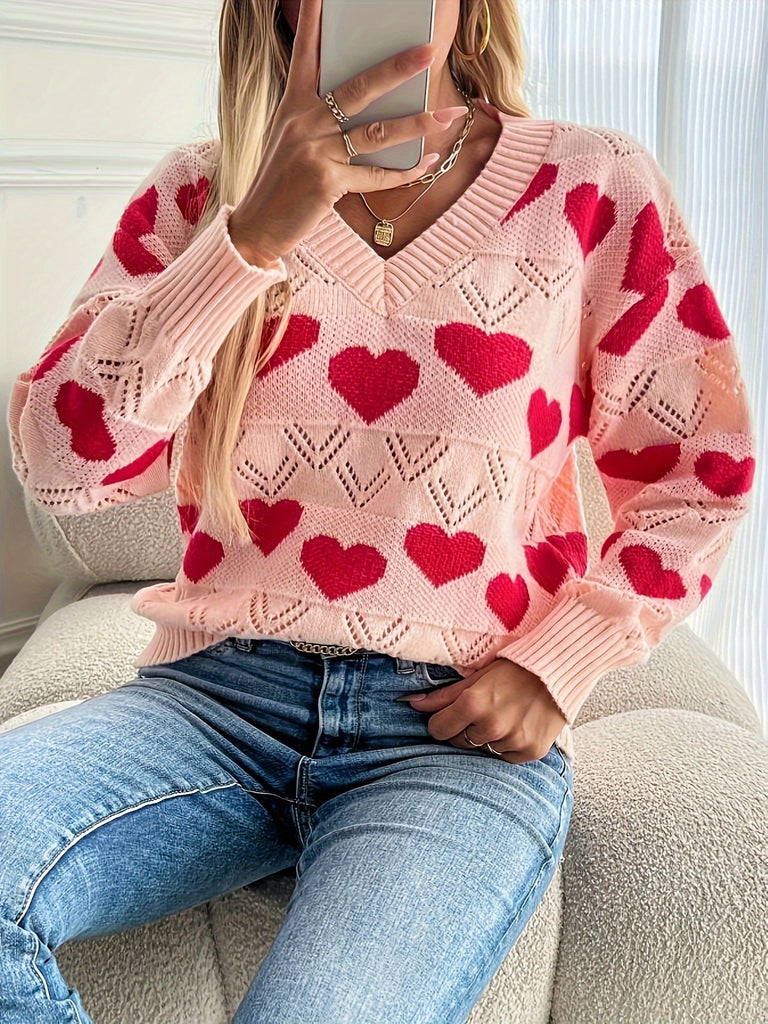 Heart Pattern V Neck Sweater, Elegant Pointelle Knit Long Sleeve Sweater For Fall & Winter, Women's Clothing