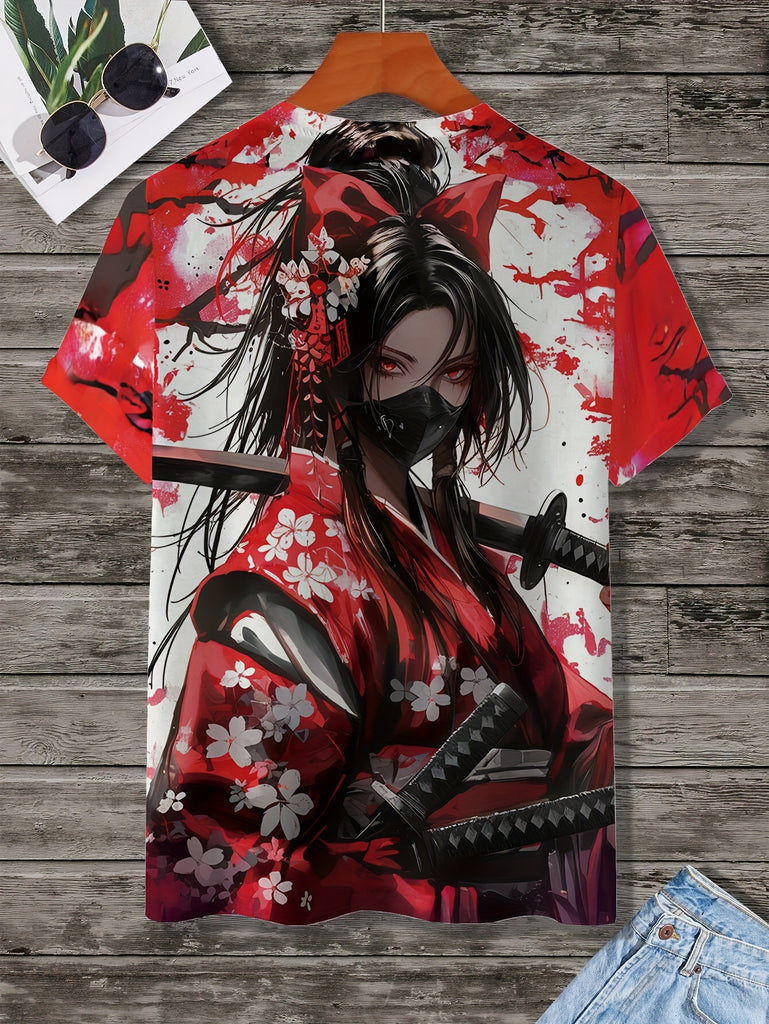 Men's Short Sleeve Round Neck T-shirt with Cherry Blossom Under Cold Female Warrior Print