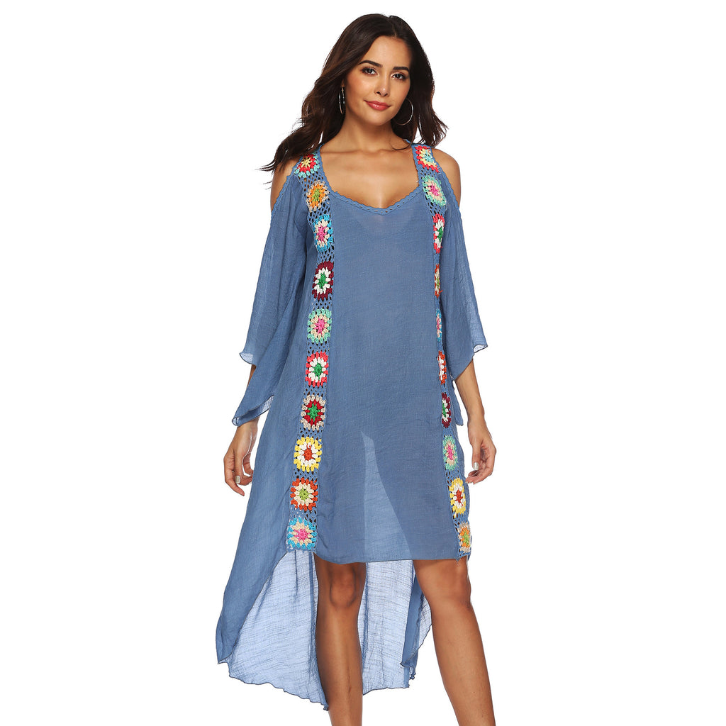 Rainbow Color Hand Crochet Flower Stitching Strapless Irregular Beach Dress Robe