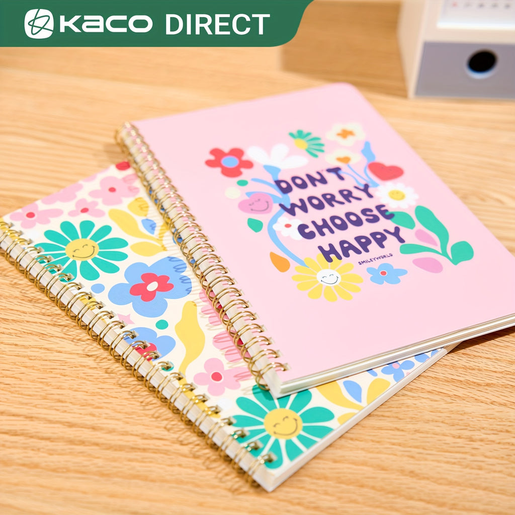 Kaco Pack 2 Cute Mini Spiral Notebooks, Set Of 2 For Women, 8.2'' X 5.9'' Hardcover Journal 120 X 2 Lined Pages With Pocket And Sticker (Floral)