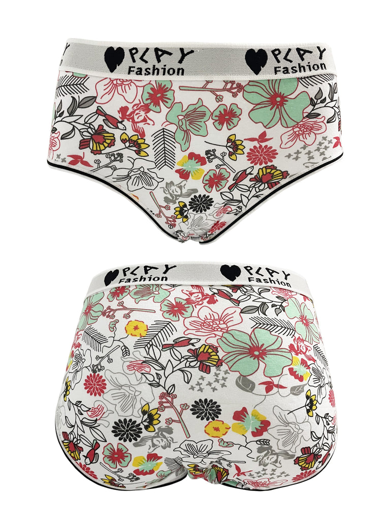 3 Pcs Comfy Floral Print Briefs, Stretchy Cotton Intimates Panties with Letter & Heart Decor, Breathable Women's Lingerie & Underwear