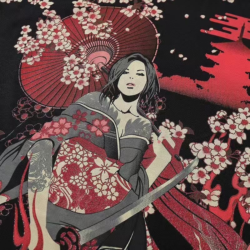 Men's Japanese-style Tattoo T-shirt Cherry Blossom Pattern Top