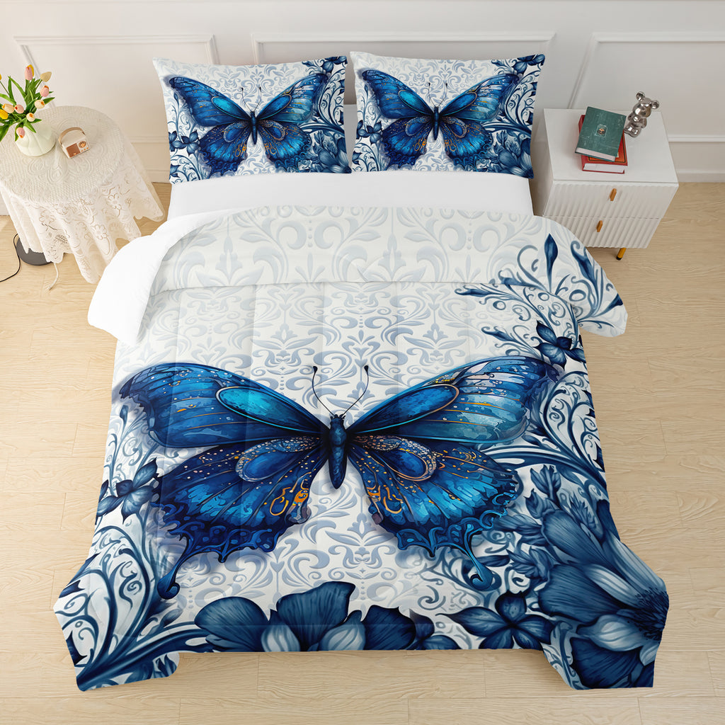 1 Set Blue Butterfly Comforter Set - Soft & Cozy Polyester Microfiber Bedding with 1 Comforter and 2 Pillowcases, Machine Washable, Digital Print, Woven Sanded Fabric, 95gsm - Elegant Room & Bedroom Decor