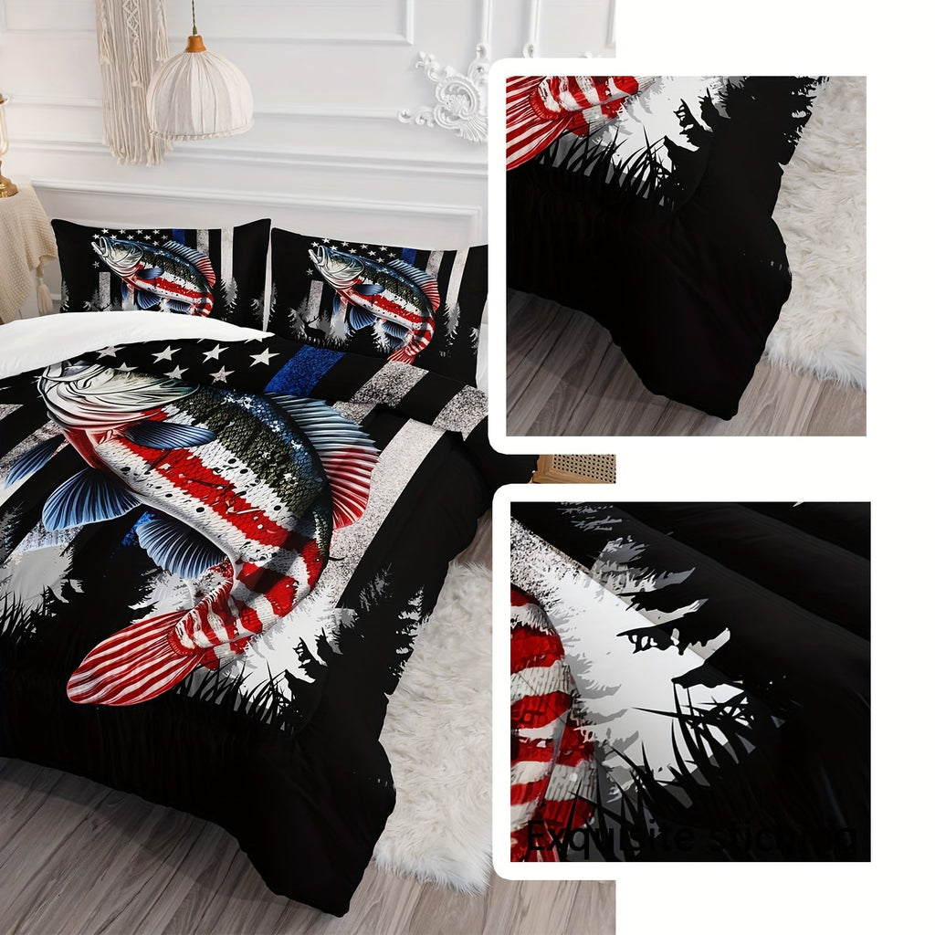 3Pcs Modern Fashion Polyester Comforter Set (1 * Comforter + 2 * Pillowcases, Not Including Pillow Core), American Flag Striped Bass Print Bedding Set, Soft And Comfortable Skin-friendly Comforter For Bedroom, Guest Room.