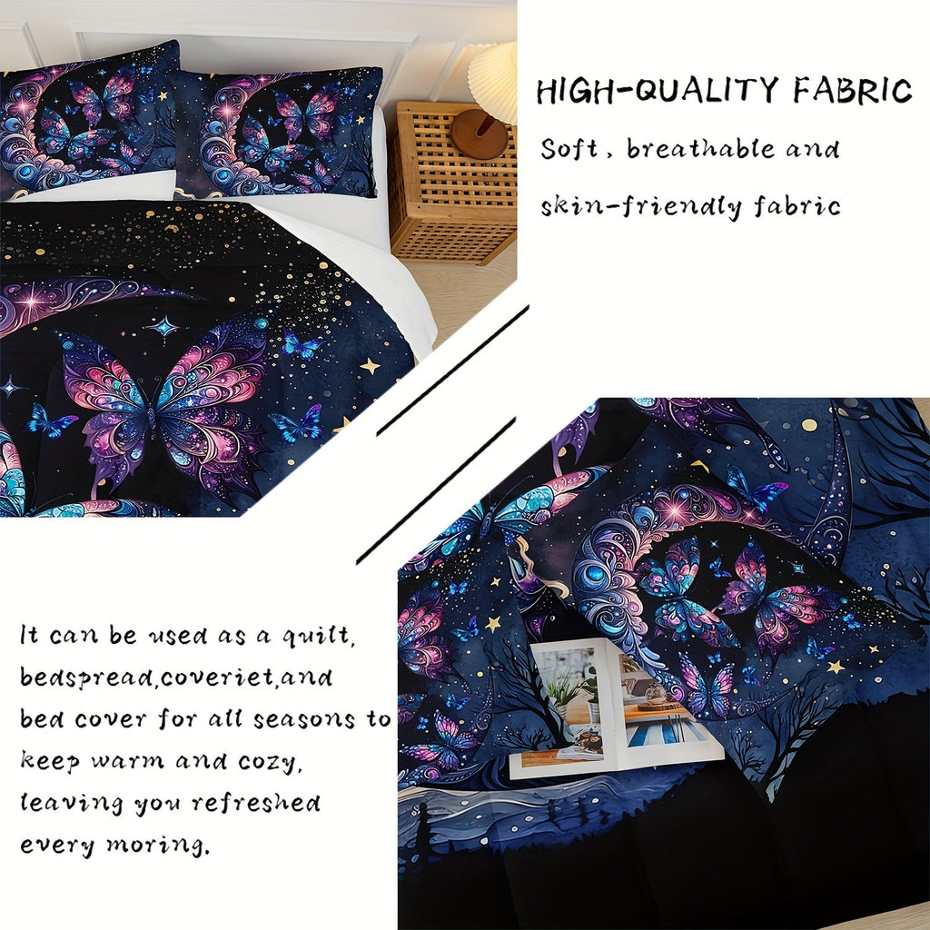 Butterfly Comforter Set Moon Printed Bedding Night Sky Galaxy Comforter 3 Piece Set (1 Bed Comforter + 2 Pillow Cases), Comforter For All Seasons, Soft Comfortable And Breathable Printed Bedding For Home Dorm Decoration