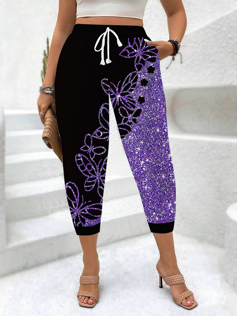 Butterfly Print Drawstring Jogger Pants, Casual High Waist Pocket Pants - Lightweight & Breathable Fabric - For Spring & Summer - Women's Clothing - Perfect for Casual Wear & Loungewear