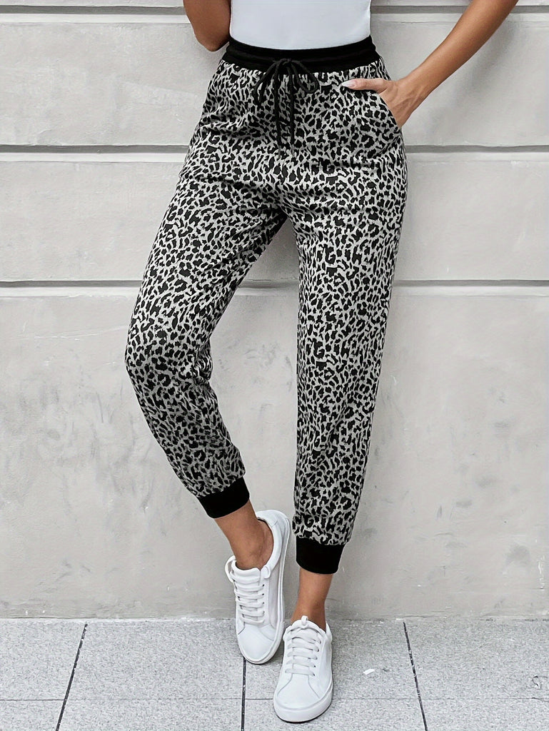 Slant Pockets Fitted Bottom Joggers, Casual Leopard Print Drawstring Sporty Pants For Every Day, Women's Clothing