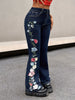 Skinny Fit Floral Print Washed Jeans, Vintage Style Zipper Button Closure Denim Flare Leg Pants, Women's Denim Jeans & Clothing