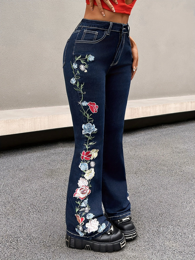 Skinny Fit Floral Print Washed Jeans, Vintage Style Zipper Button Closure Denim Flare Leg Pants, Women's Denim Jeans & Clothing
