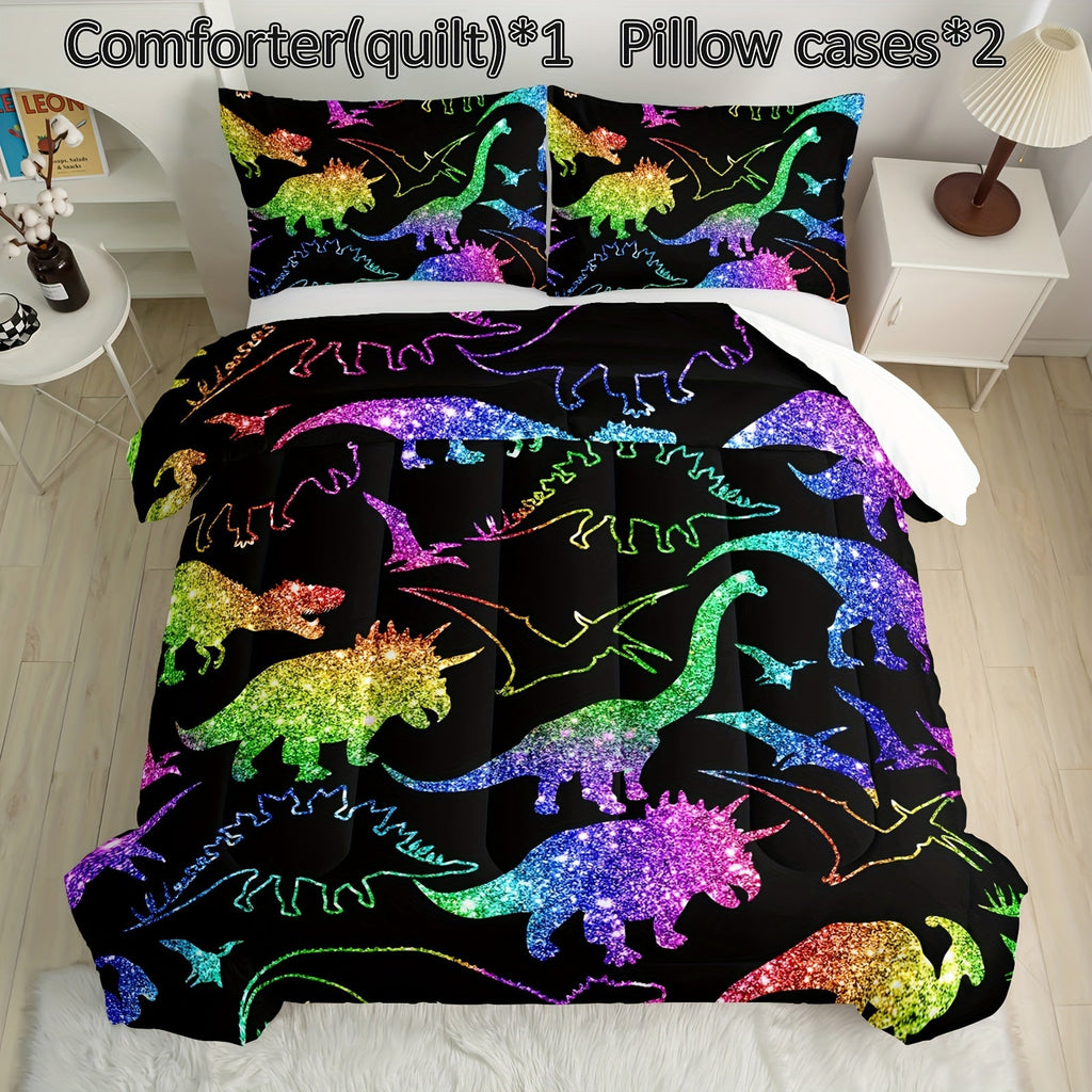 Rainbow Dinosaur Comforter Set Colorful Dino Bedding Cartoon Dinosaur With Shiny Glitter Bedding Set Bedroom Decor (1 Comforterr + 2 Pillowcases) Lightweight