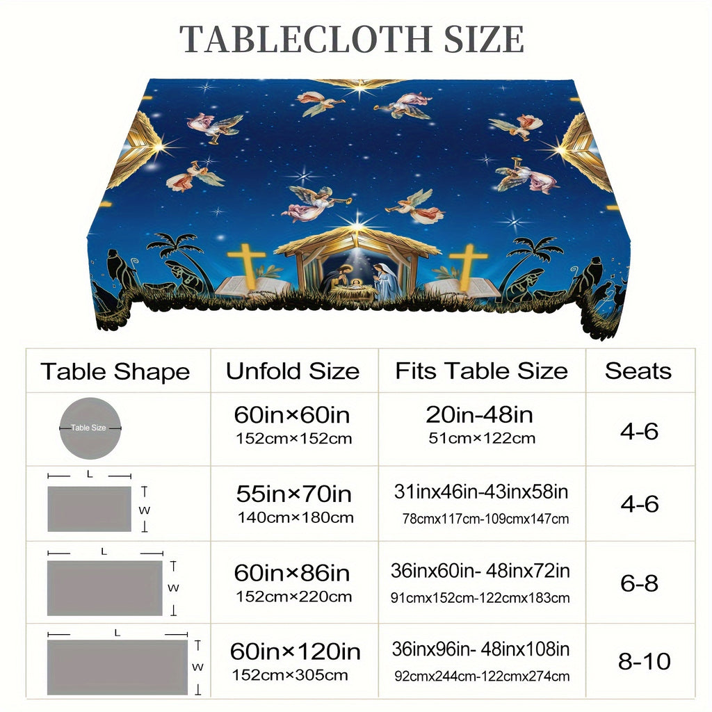 1pc, Christmas-themed tablecloth, Jesus' birth scene tablecloth, Christmas party tablecloth, polyester tablecloth, 4 sizes to choose from, edge embossed, round and rectangular tablecloth, Christmas gift, kitchen accessories, create a festive atmosphere