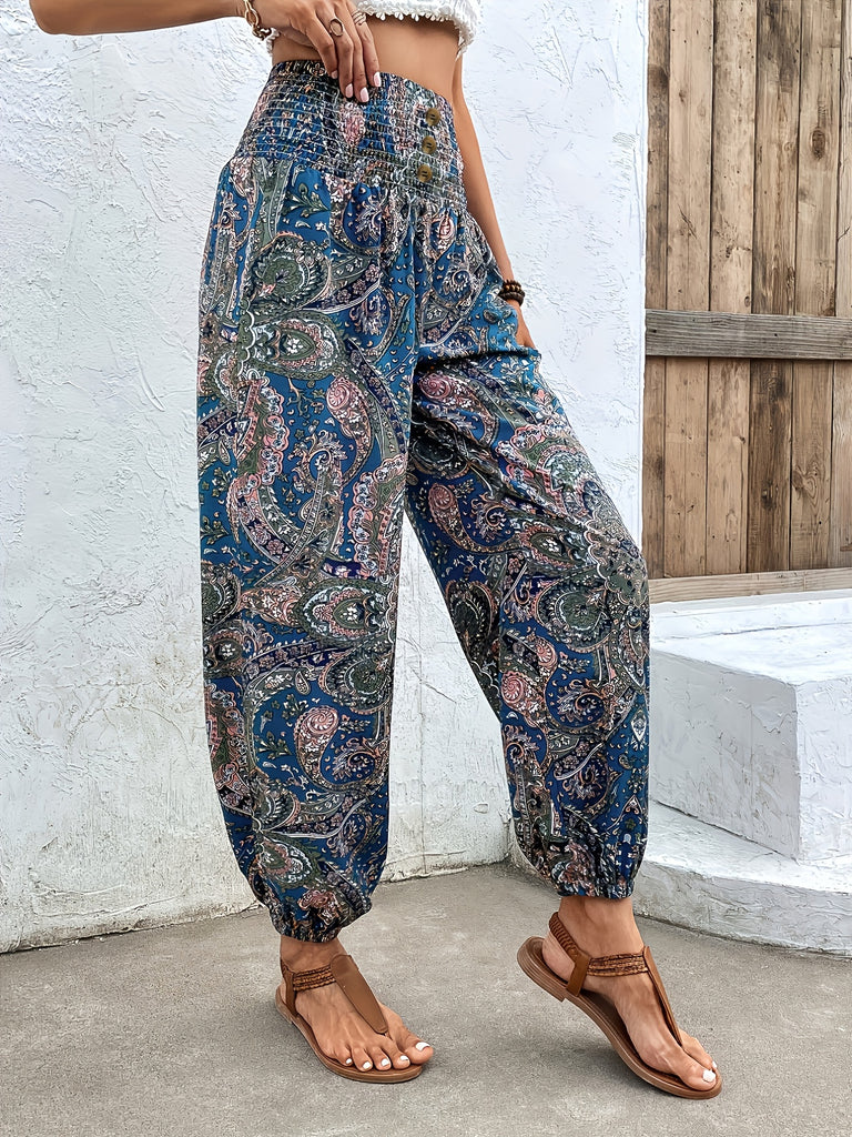 Trendy Tribal Print Jogger Pants - Comfortable Button Detail, Boho Loose Fit for Spring & Summer - Womens Fashion Essential