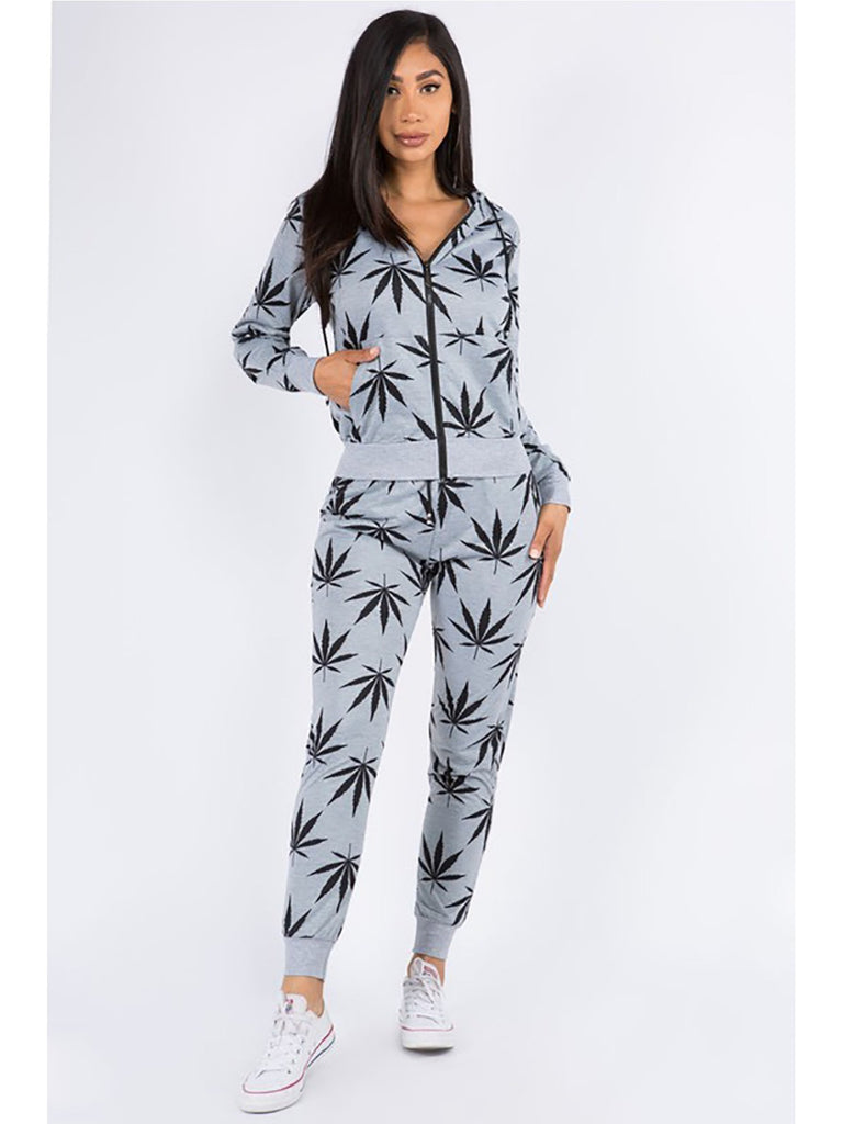 2-Piece Women's Bundle Set Left Pattern Graphic Print Weed Zip Up Stretch Long Sleeve Hoodie & Drawstring Joggers Pants Casual Warm Fleece Lined