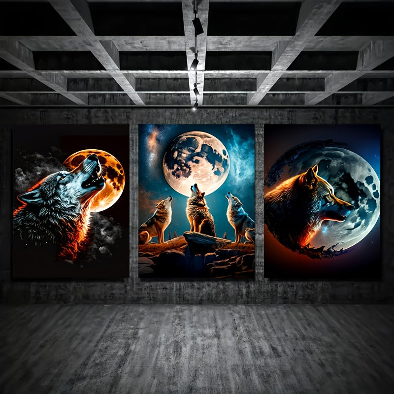 3-Piece Wolf Under The Stars Canvas Prints - Vibrant Modern Art for Bedroom & Living Room - Striking Unframed Wall Decor, Ideal Winter Season Accent