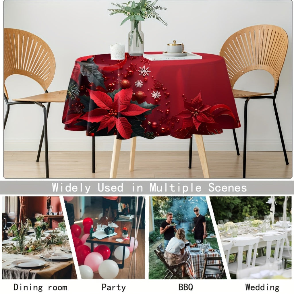 Christmas Round Polyester Tablecloth - 60-inch Festive Digital Print with Poinsettias, Snowflakes, Waterproof, Stain Resistant, Machine Woven Pleated Design, Ideal for Holiday Home Decor & Gifting