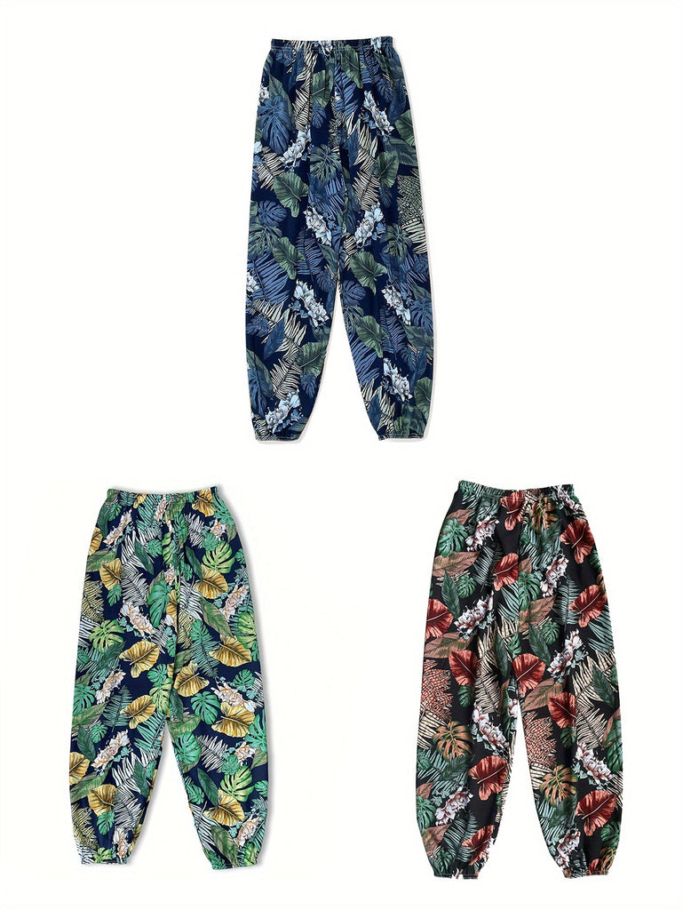3pcs Plant Print Elastic Waist Joggers, Vacation Loose Pants For Spring & Summer, Women's Clothing