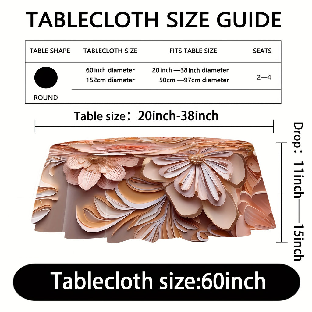 Polyester Round Tablecloth - 3D Floral Print - Stain & Waterproof Pleated Table Cover for Dining, Parties, Banquets & Outdoors - Machine-Woven Decorative Tablecloth