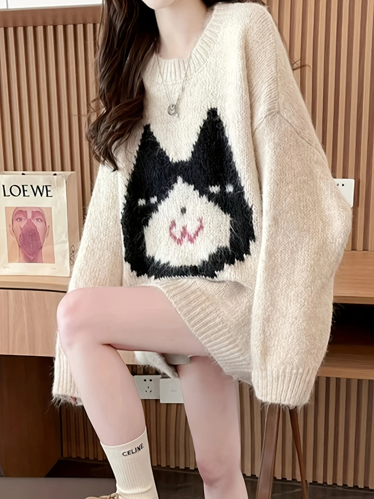 1pc Women's Casual Polyester Sweater, Cartoon Cat Print, Round Neck, Oversized Pullover, Contrast Color, Knitted Fabric, Autumn/Winter Fashion Top