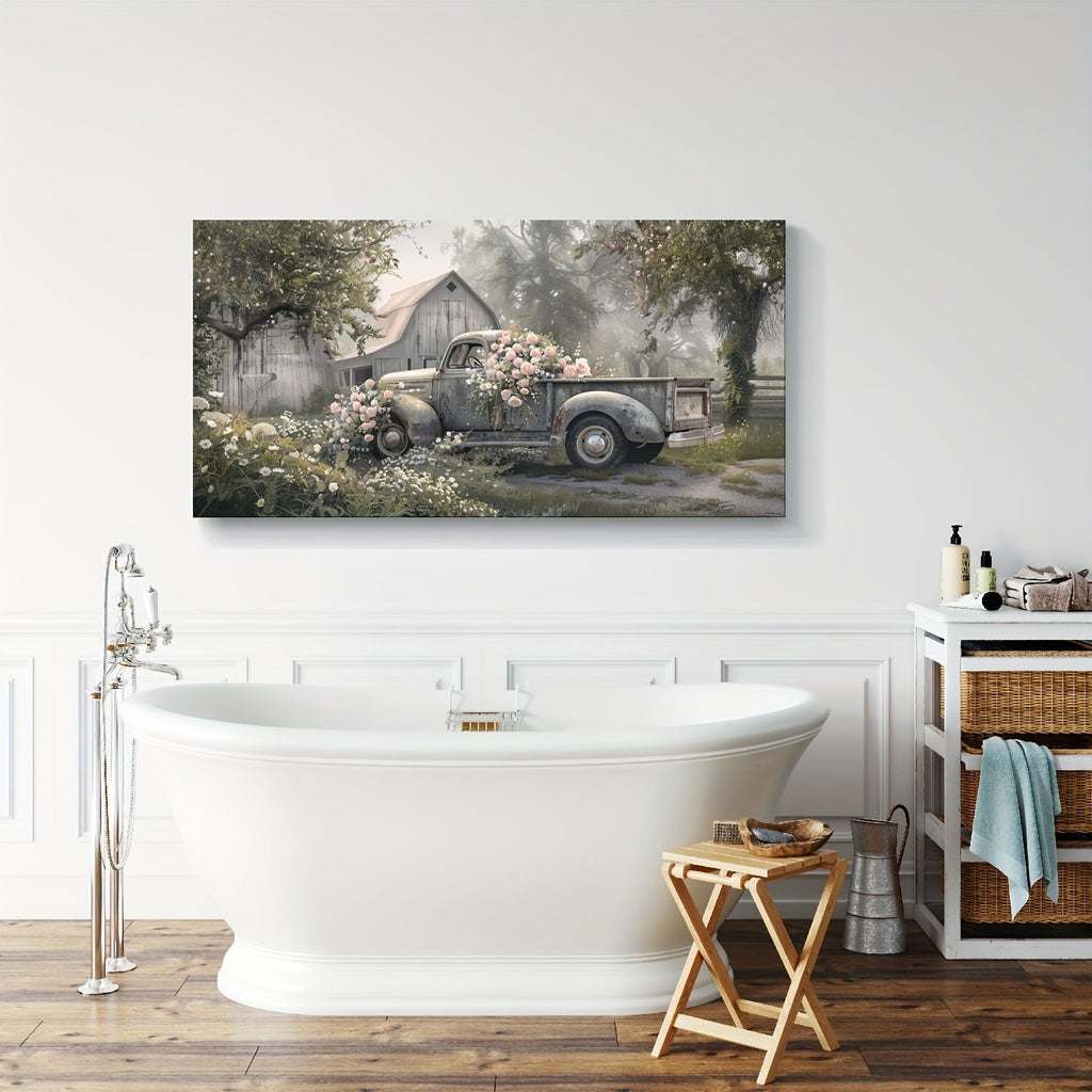 1pc Farmhouse Canvas Wall Art - Blue Old Truck Barn Paintings Vintage Pickup with Blooms on Country Roads Antique Vehicle Artwork Prints - Canvas - For Home Decor - Perfect Gift for Country Lovers & Vintage Enthusiasts - Living Room, Guest Bedroom Decor