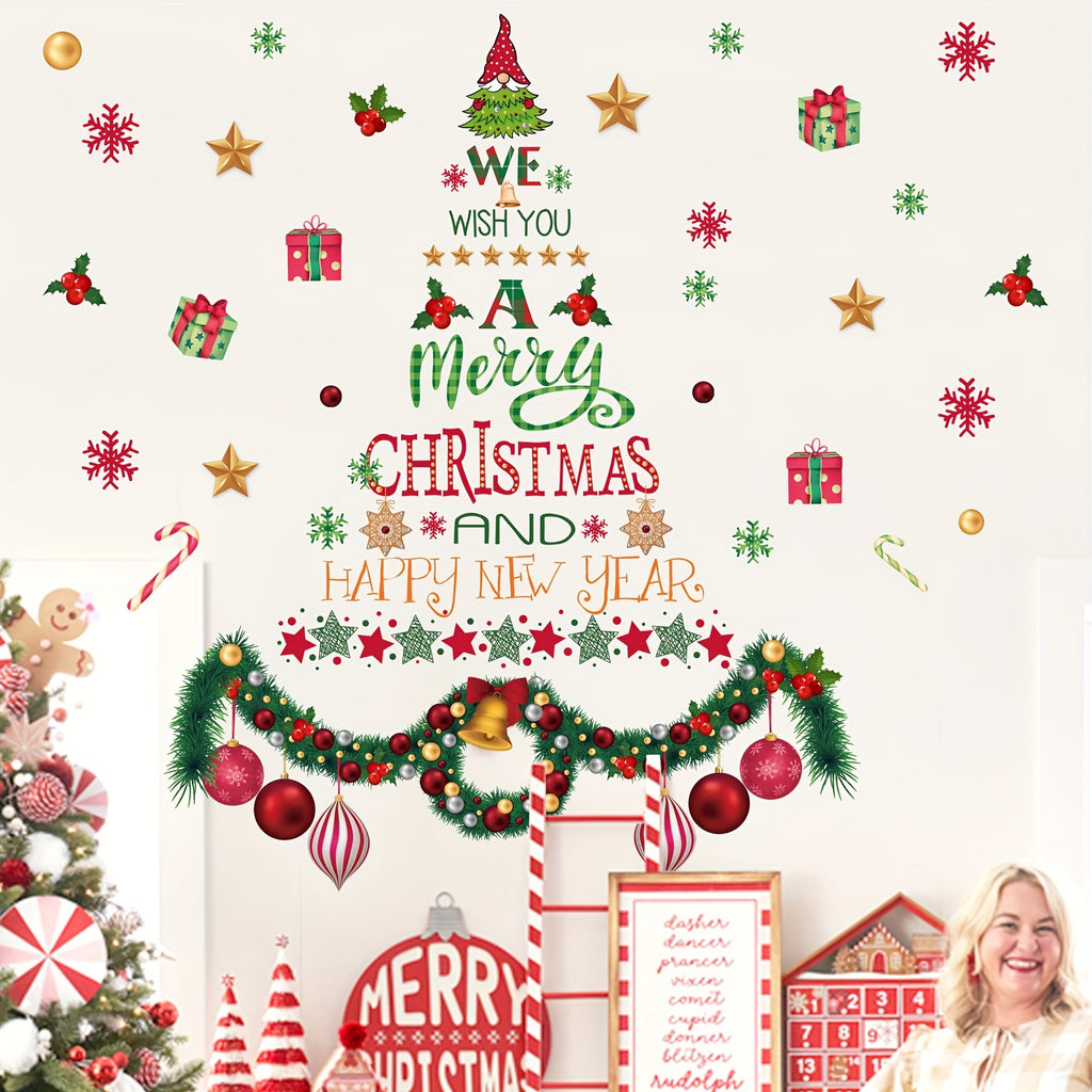 1PC Merry Christmas Wall Decals Stickers, Christmas Tree Quote Wall Sticker DIY Wall Art Decal Removable Christmas Window Adhesive Decal Sticker, Suitable For Bedroom Living Room Bedroom Window Door Decoration