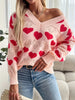 Heart Pattern V Neck Sweater, Elegant Pointelle Knit Long Sleeve Sweater For Fall & Winter, Women's Clothing