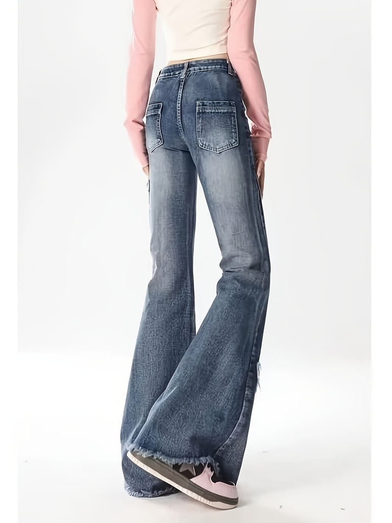 Vintage-Inspired High-Waist Flare Jeans for Women - Stretchy Cotton Blend with Butterfly Embroidery, Perfect for Spring/Fall