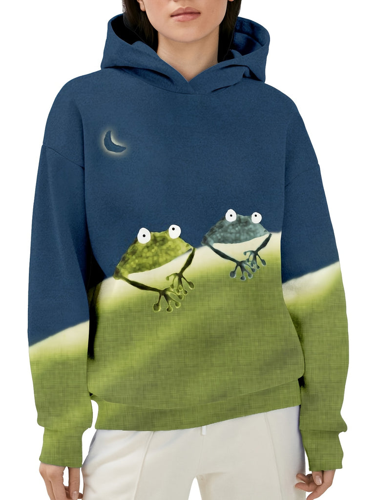 Frog Print Drop Shoulder Hoodie, Casual Long Sleeve Hoodie Sweatshirt, Women's Clothing