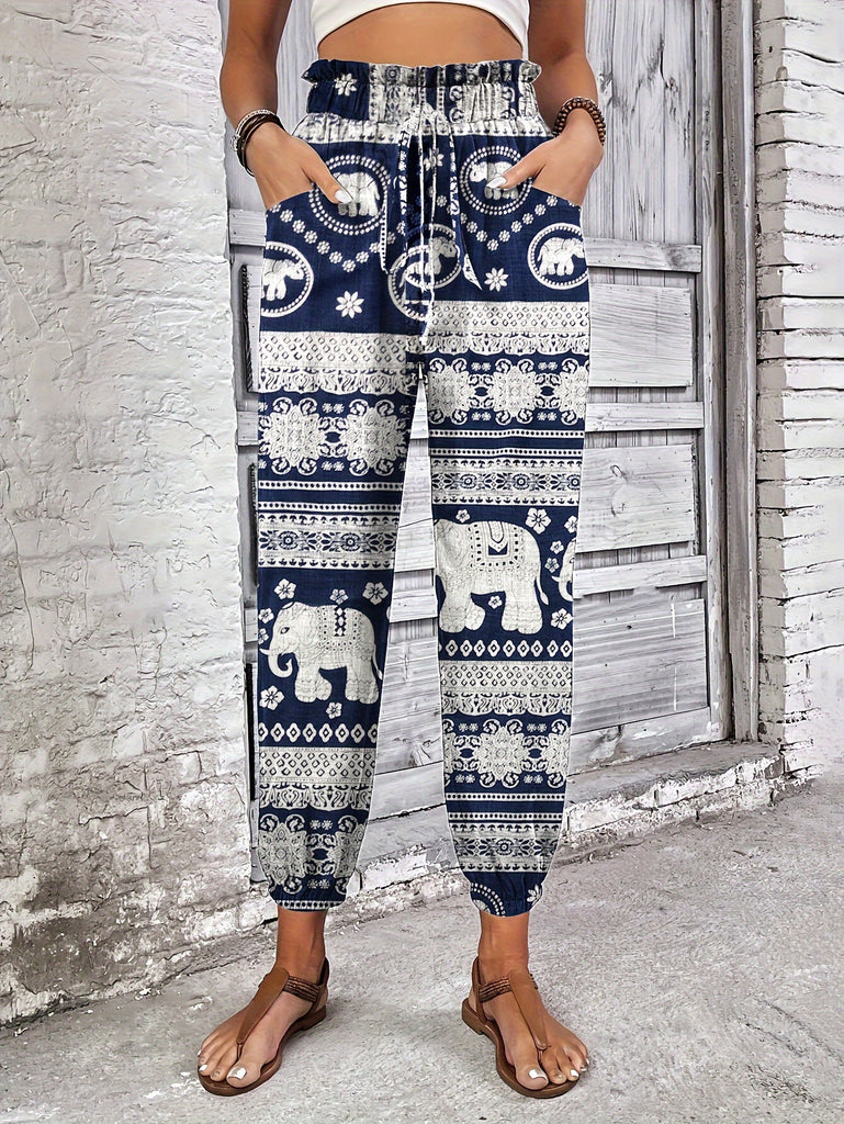 Vibrant Ethnic Print High Waist Jogger Pants for Women - Shirred Waist, Versatile, and Comfortable for Spring & Summer Vacation