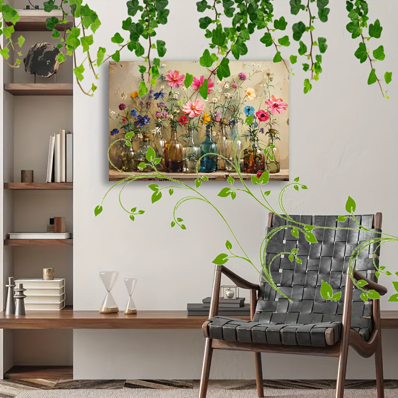 1pc Wooden Framed Canvas Painting Prints Colorful Flowers In Different Clear Glass Vases Suitable For Living Room Bedroom Bathroom Kitchen Decor, Wooden Framed Artwork Easy To Hang