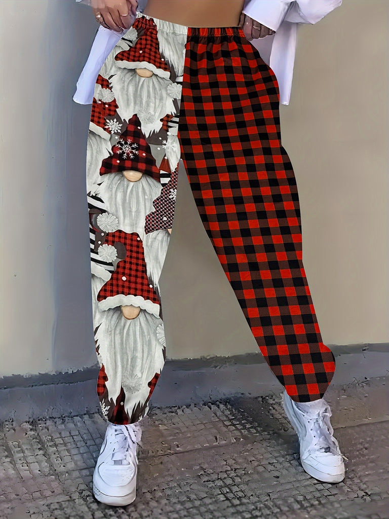 Women's Casual Polyester Spandex Christmas Gnome Print and Buffalo Plaid Jogger Pants - Elastic Waist Knit Fabric Long Length Trousers - For Fall/Winter - Perfect for Cozy Days & Holiday Celebrations - Ideal Gift for Women