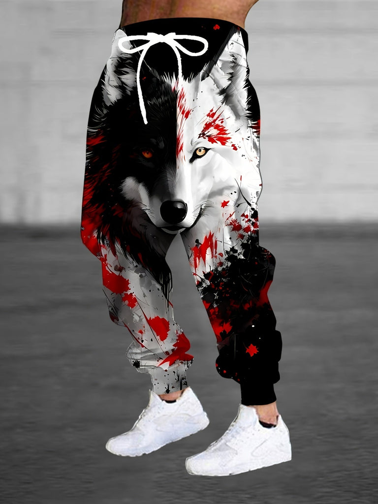 Men's 3D Wolf Print Casual Joggers - 100% Polyester Knit Fabric, Regular Fit, All Over Graphic Design, Slight Stretch - For Men - Suitable for Casual Wear, Sports & Loungewear - Great Gift for Fashionable Guys