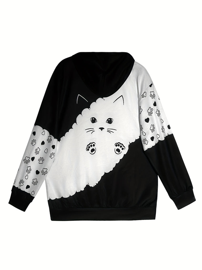 Plus Size Cat Print Drawstring Hoodie, Casual Color Block Long Sleeve Hoodie For Fall & Winter, Women's Plus Size Clothing