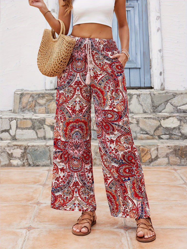 Vibrant Paisley Print Wide Leg Boho Pants - Women's Loose Fit Tassel Tied Spring & Summer Pants - Comfortable, Flowy, and Stylish Clothing for Women