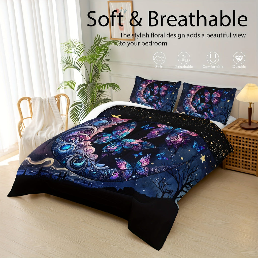 Butterfly Comforter Set Moon Printed Bedding Night Sky Galaxy Comforter 3 Piece Set (1 Bed Comforter + 2 Pillow Cases), Comforter For All Seasons, Soft Comfortable And Breathable Printed Bedding For Home Dorm Decoration