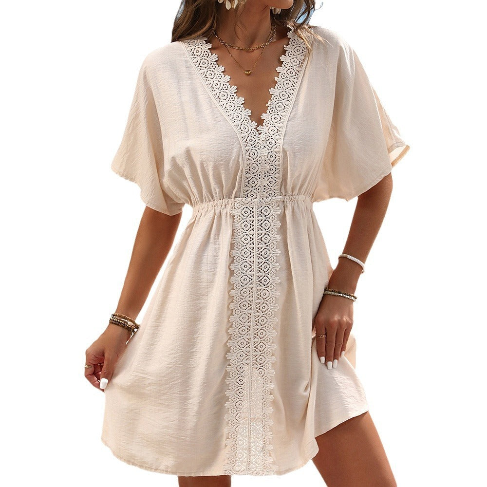 Ice Silk Cloth Lace Stitching Beach Dress Bikini Swimsuit Outwear Blouse