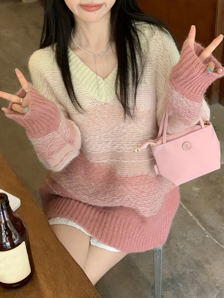 Autumn and winter lazy soft waxy long-sleeved sweater women loose and thin knitted Korean top