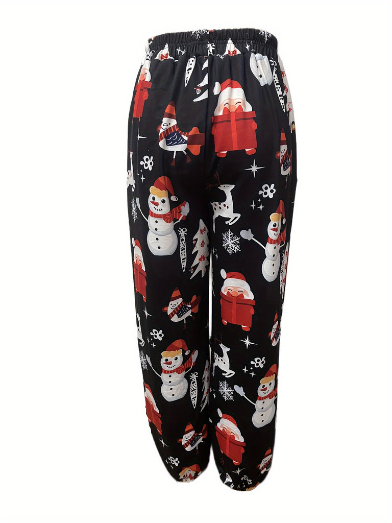 Cozy Christmas Reindeer Print Women's Jogger Pants, Elastic Waist Loose Fit with Pocket, Casual Holiday Wear