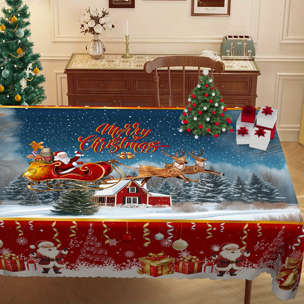 1pc, Festive Christmas & New Year Tablecloth, Winter Scene with Santa, Reindeer, Gift Box Design, Durable Polyester Table Cover - Perfect for Home, Gatherings, Holiday Party Decor - Ideal for Christmas, New Year, General Holidays, Winter