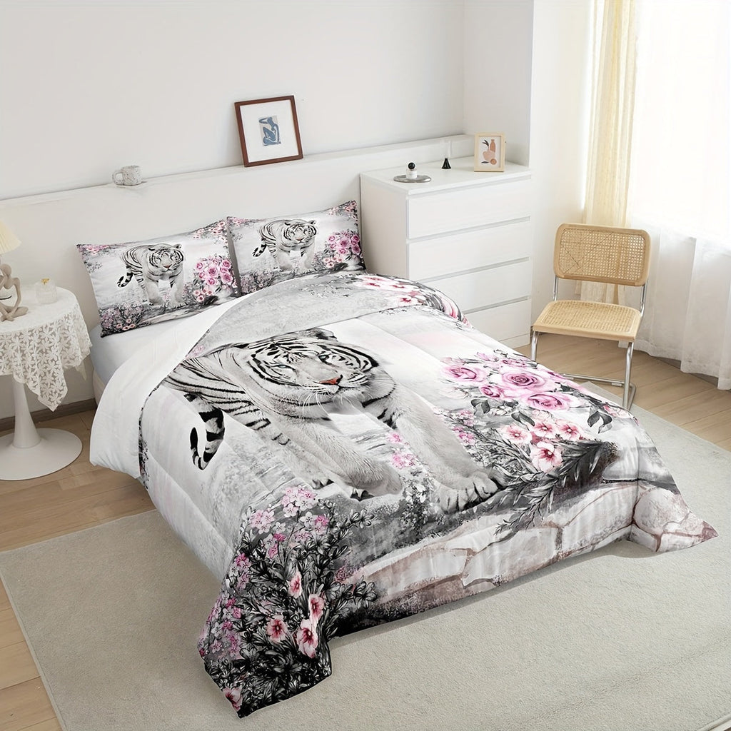 Castle Fairy Rose Flower Tiger Kids Comforter Set Queen Size, Africa Fierce Wildlife Animals White Tiger Bedding Set For Men Women Adults, Multicolor Floral Botanical Painted Print Quilt 3 Pcs Fashionable Home Products Suitable For All Seasons
