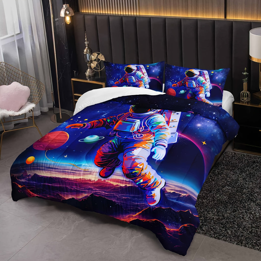 3Pcs Astronaut Comforter Set, Space Bedding Set, Outer Space Astronaut Comforter Set, Galaxy Astronaut Space Bedding, Galaxy Comforter Set Plants, 1 Quilt 2 Pillowcases