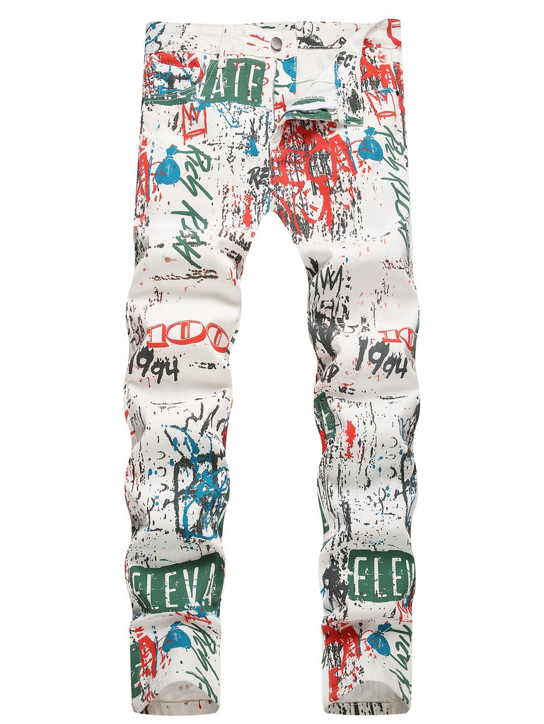 Men's Stylish Graffiti Print Jeans - Casual Cotton Denim, Machine Washable, Loose Fit for All Seasons